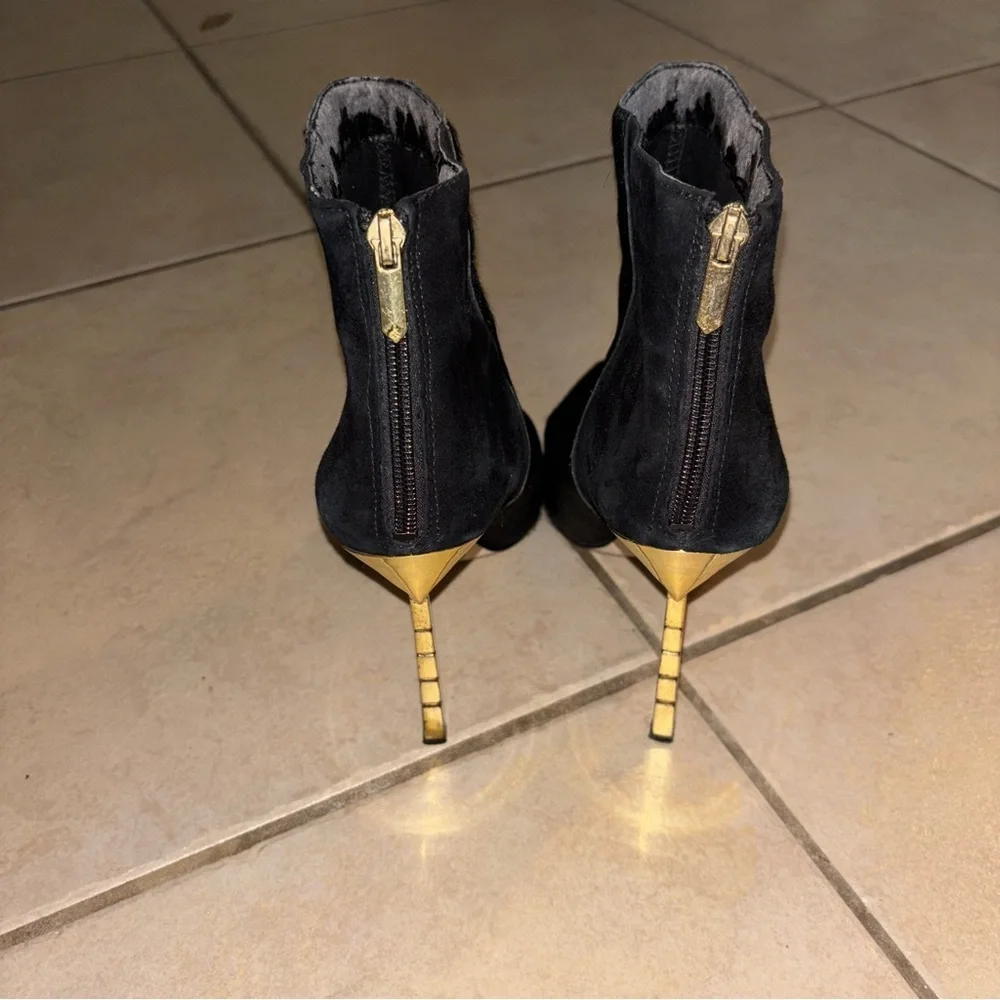 Sam Edelman Sandy Black Calf Hair and Suede Ankle Boots with Gold Stiletto Fur